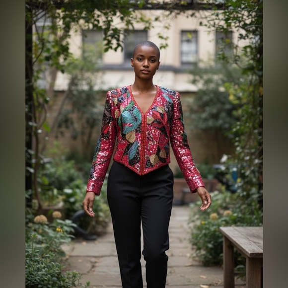 Vtg Vintage 1970s 1980s Designer Jack Bryan Flyaway Floral Sequin Jacket - Picture 2 of 9